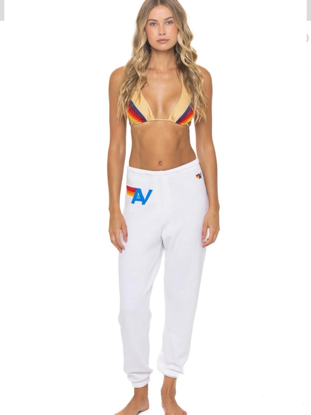 ☀️NEVER WORN Aviator Nation White Sweatpants with Rainbow Stripe & Blue AV Logo
